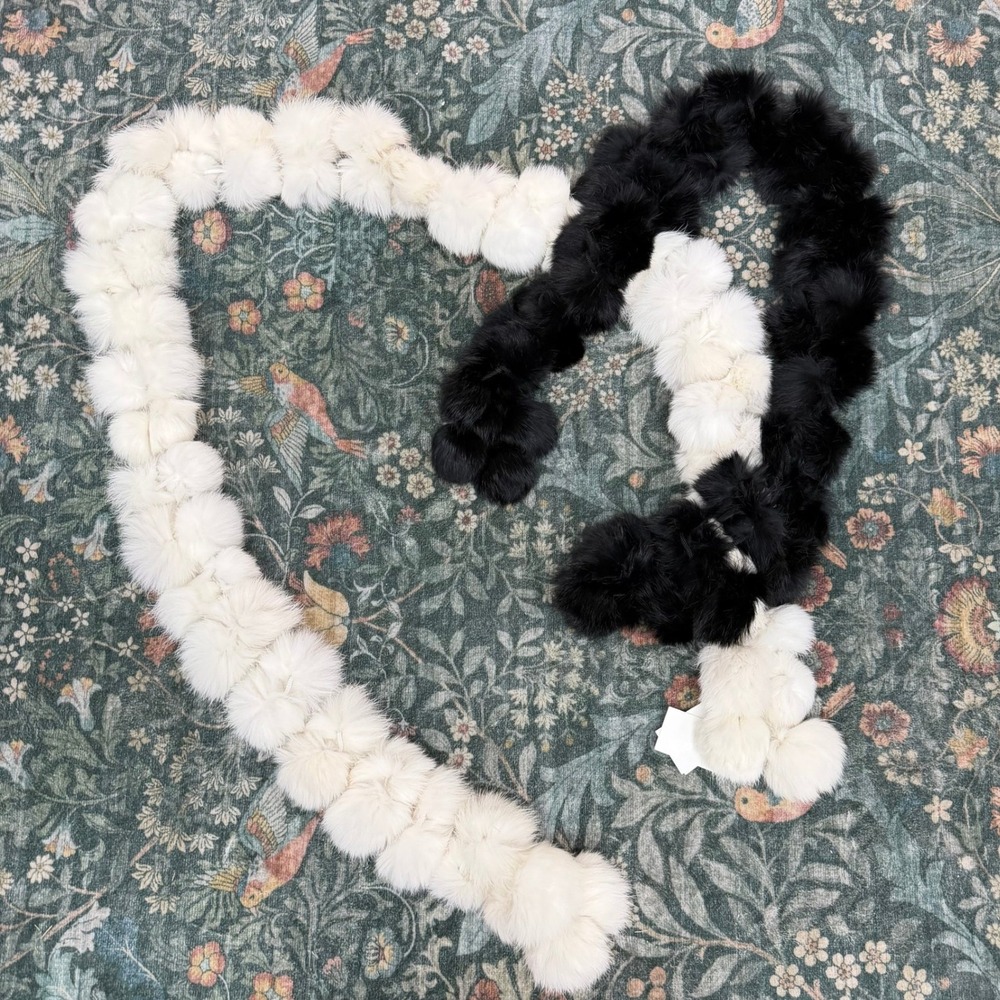 Accessory Street Real Fur Pom Pom Scarf Set Ivory White Black Handcrafted 44in